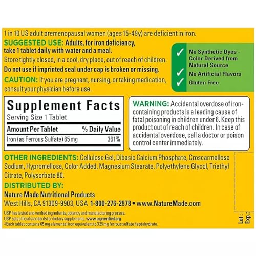 Image of Nature Made Iron 65 mg (from Ferrous Sulfate) Tablets for Red Blood Cell Formation (365 ct.).