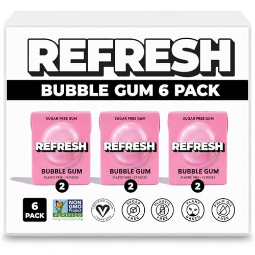 Image of Refresh Plant Based Gum, Sugar Free, Xylitol, 12 Pcs, 6 Pack (Bubble Gum)
