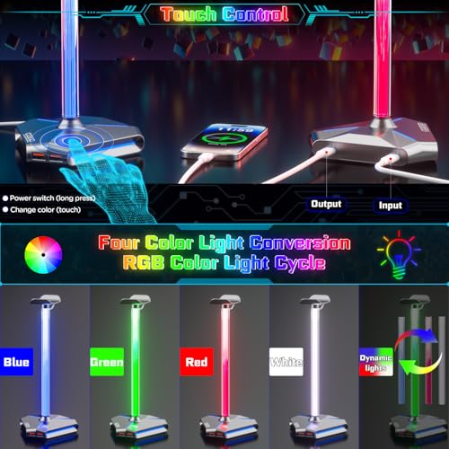 RGB Headphone Stand with 2 USB Ports & Extension Cord, Gaming Headset Holder for Desktop, PC Gaming Accessories, Gifts for Teen Boys, Men, Boyfriend, Gaming Setup Organizer