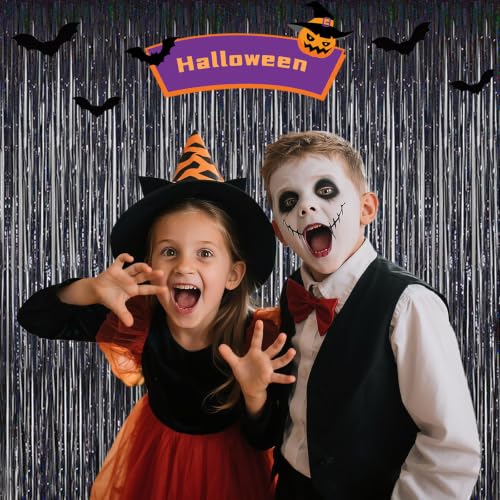 Image of Black Tinsel Foil Fringe Backdrop Curtains for Halloween Party Decorations