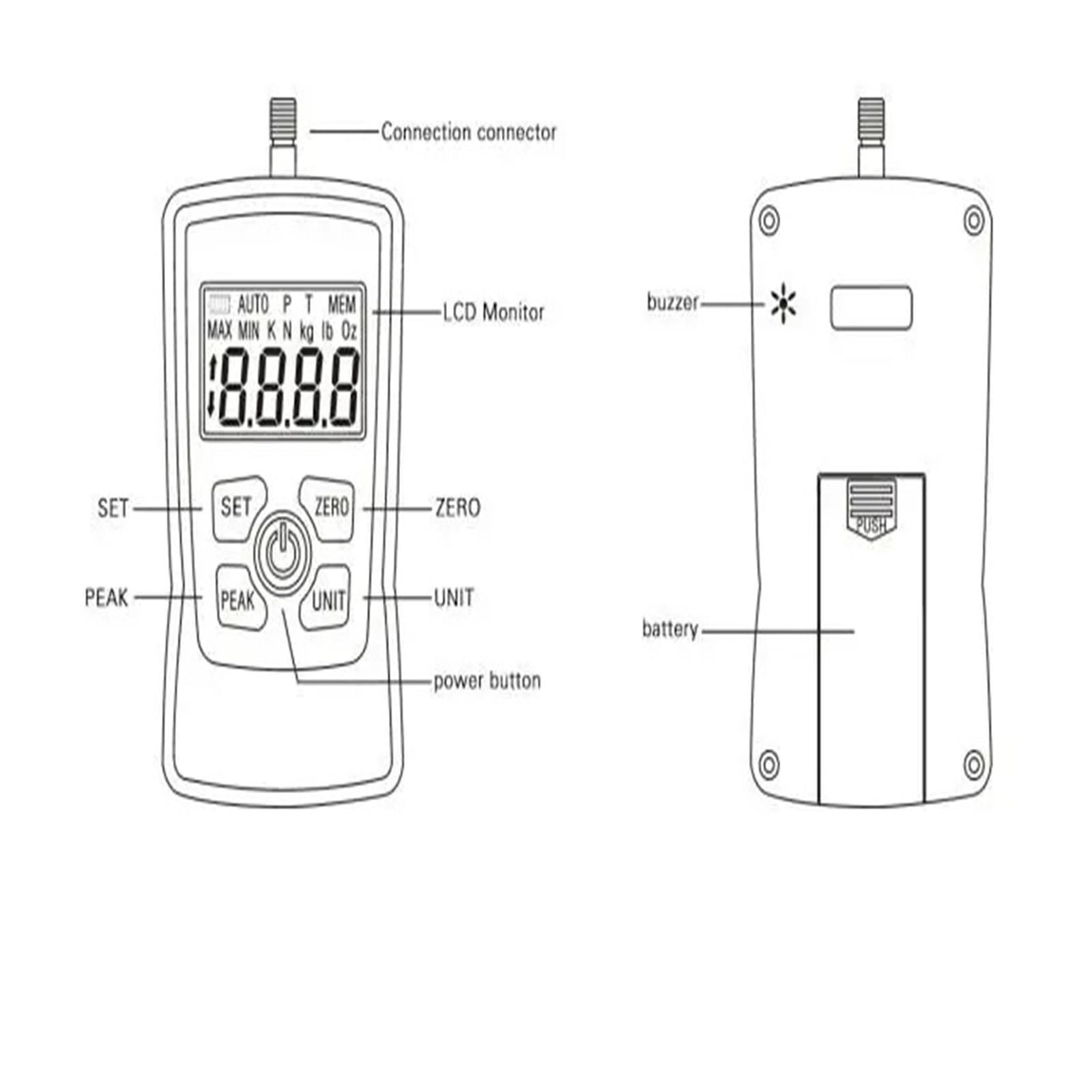 Dinamómetro, Medidor de fuerza digital prueba empuje y tracción Retroiluminación automática, función alarma zumbador(20N)