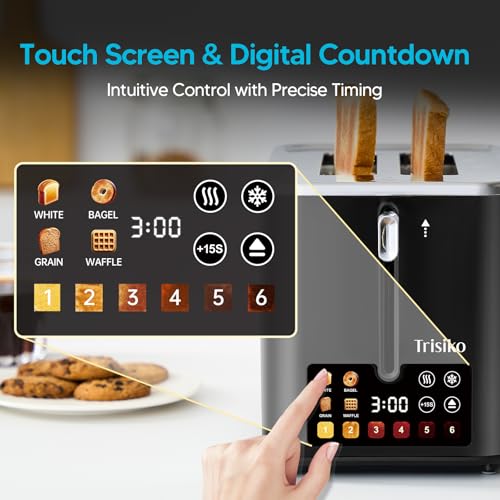 Image of Trisiko Touch Screen Toaster 2 Slice, 900W Digital Toaster with Countdown Timer, 1.38 in Wide Slots, 6 Browning Levels, Bagel, Defrost, Reheat, Cancel, Crumb Tray, Cord Wrap-Black