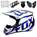 Casque VTT Intégral, Ensemble Casques Motocross pour Enfants (Gants/Lunettes/Masque/Filet élastique), Casque Moto Adulte et Jeune pour Scooter de Descente MX ATV - avec Conception Renard - Blanc Bleu