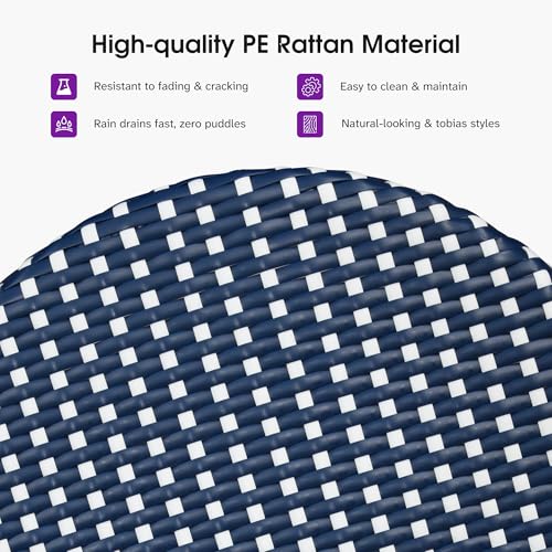 Image of PURPLE LEAF Patio Oversized Backrest Counter Height Stool Set of 1 Outdoor Round Barstools Aluminum Frame in Champagne Finish Woven Rattan for Indoor Kitchen Dining Bistros Cafe Restaurant Navy Blue