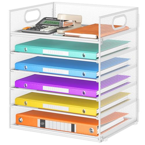VITVITI Organizador de Escritorio con Archivador, Bandeja de Papel de 6 Niveles con Asa, Malla de RellenoOrganizador para Material de Oficina en Casa, Accesorios de Oficina Ordenados - Blanc