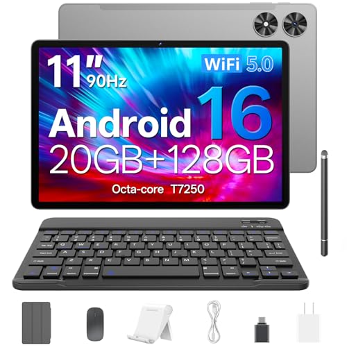 Android 16 Tablet, 2025 Upgraded 11 inch Android Tablets with Keyboard, 20GB+128GB+1TB Expand, Support Face Unlock+Widevine L1 Supported, Octa-Core CPU,Dual WiFi, Dual Camera,8800mAh Battery, Silver