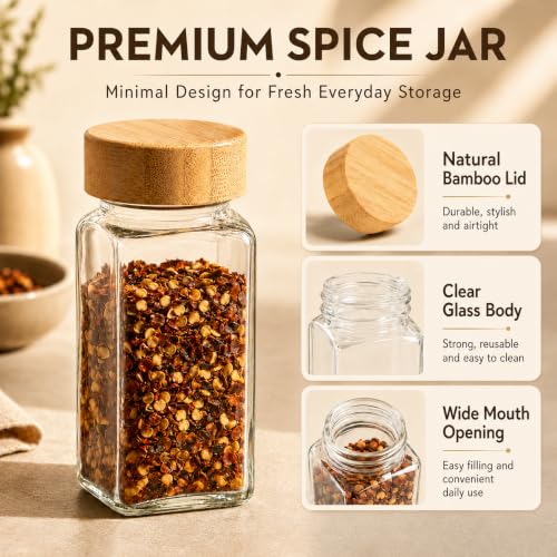 Image of Ginoya Brothers Airtight Square Glass Spice Containers with Black Shaker Lid - Ideal for Masala, Herbs, Seasoning & Kitchen Pantry Organization. (Pack OF-10)