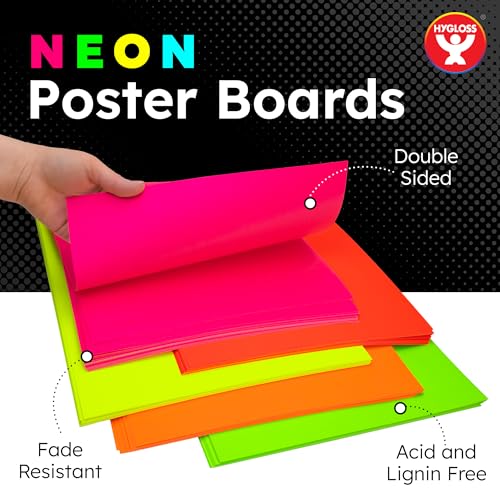 Image of Hygloss Medium Poster Board 11x14 - 100 Assorted Neon Color Bulk Pack - 10 Pt. Thickness Colored Poster Board Paper for Projects, Signs, Displays - Posterboard Multipack 11 inch x 14 inch