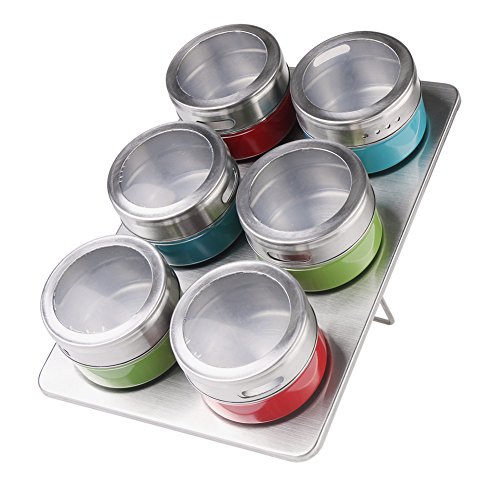 Acero inoxidable magnética Especias glser con Stander, 6 pieza cocina Menage Storage Jar Tray Set