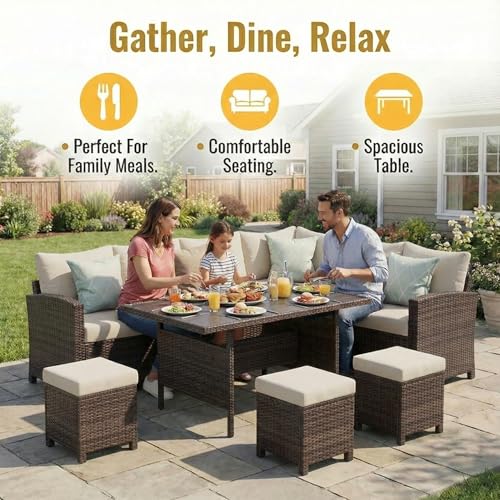Wisteria Lane 7 Piece Patio Furniture Set, Wicker Patio Sectional with Wide Armrest, All Weather Outdoor Dining Set, Outdoor Furniture Patio Conversation Set with Ottoman, Brown by Wisteria Lane - Image 3