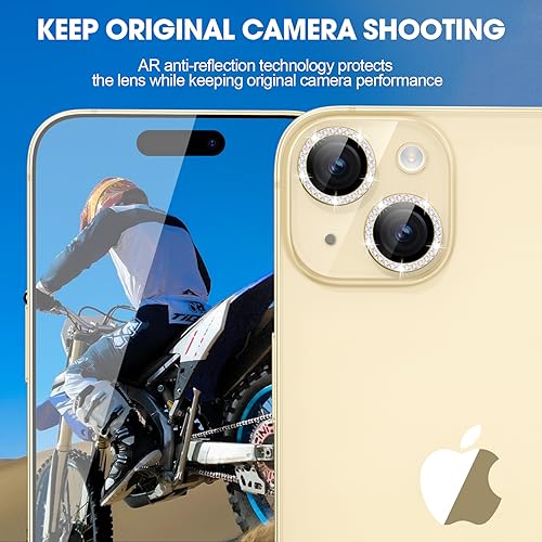 Image of Glass Camera Lens Protector Compatible For Iphone 15 /15 Plus Bling,Individual Metal Diamond Ring 9H Hardness Scratchproof Protector,Stylish Accessories,Case Friendly(Yellow Diamond)
