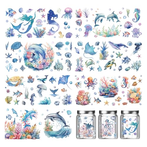 Envoltura para taza de café con rayos UV DTF, 8 hojas de animales marinos UV DTF para taza de café de vidrio de 16 onzas, tortuga, mar, delfín, sirena, Uvdtf, envolturas impermeables personalizadas