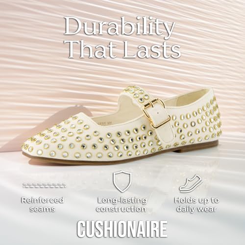 CUSHIONAIRE Princess Women’s Bling Studded Mary Jane Flats – Elegant Buckle Strap Shoes with Memory Foam3