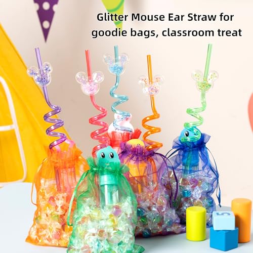 Image of 24 PCS Glitter Mouse Ear Straws, Reusable Spiral Crazy Straws