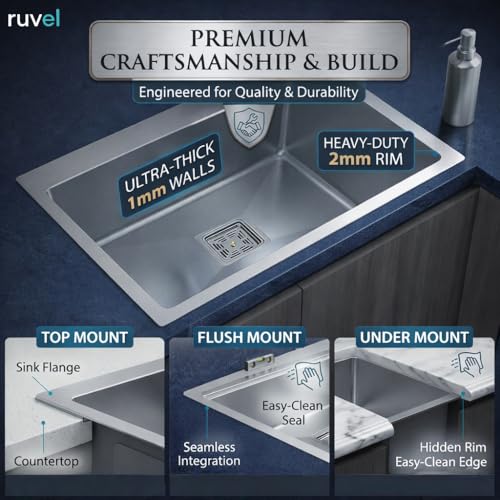 Image of RUVEL Kitchen Sink 24 inchx18 inchx9 inch | Premium Handmade 304 Grade Stainless Steel Single Bowl | Heavy Duty, Rust & Scratch Resistant | Includes Waste Coupling, Drain Rack & Hose Pipes | Silver - Matt Finish
