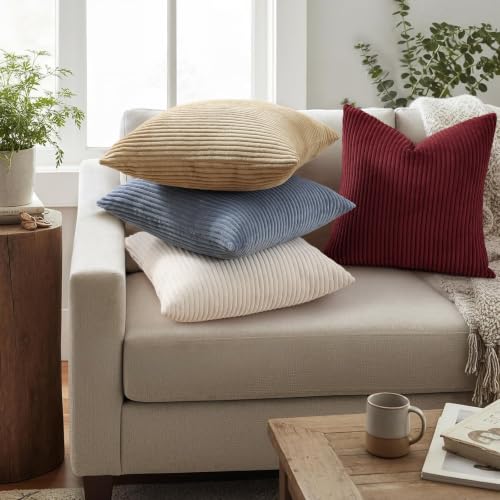 Image of Mecatny Corduroy Fall Decorative Throw Pillow Covers 24x24 Set of 2 for Sofa Living Room, Soft Neutral Boho Couch Pillow Covers for Home Decor, Burgundy