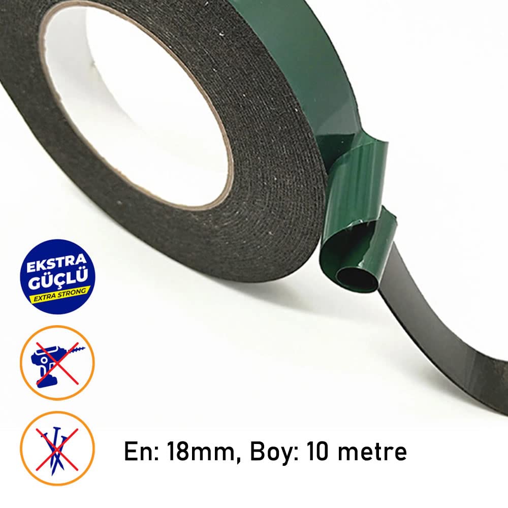 Çift Taraflı Köpük Bant Eva Montaj Bandı 18 mm x 10 Metre, Yeşil/Siyah