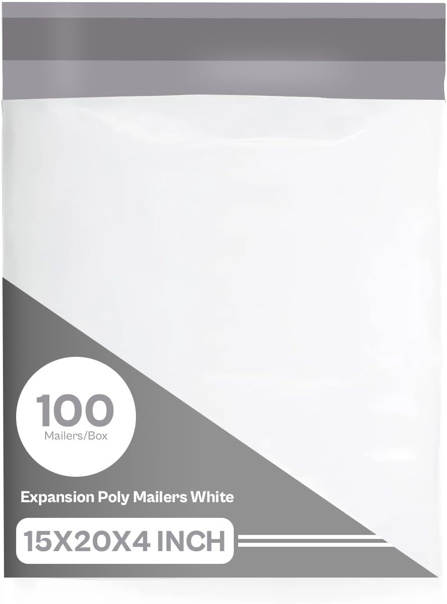 PSBM 100 PCS 15 x 20 Inch White Expansion Poly Mailer, Self Seal Expandable Gusseted Shipping Envelope, Ideal for Packing and Shipping Cloths, Documents, Books, Gifts, Jewelry and More