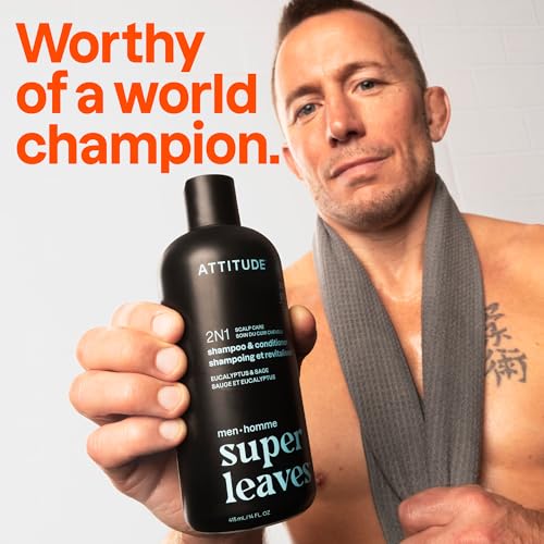 Image of ATTITUDE Men's Shampoo and Conditioner 2-in-1, Scalp Care for Build Up & Oily Hair, Refresh With Peppermint & Willow Extract, 97% Natural Origin Ingredients, EWG Verified, Eucalyptus & Sage, 32 Fl Oz