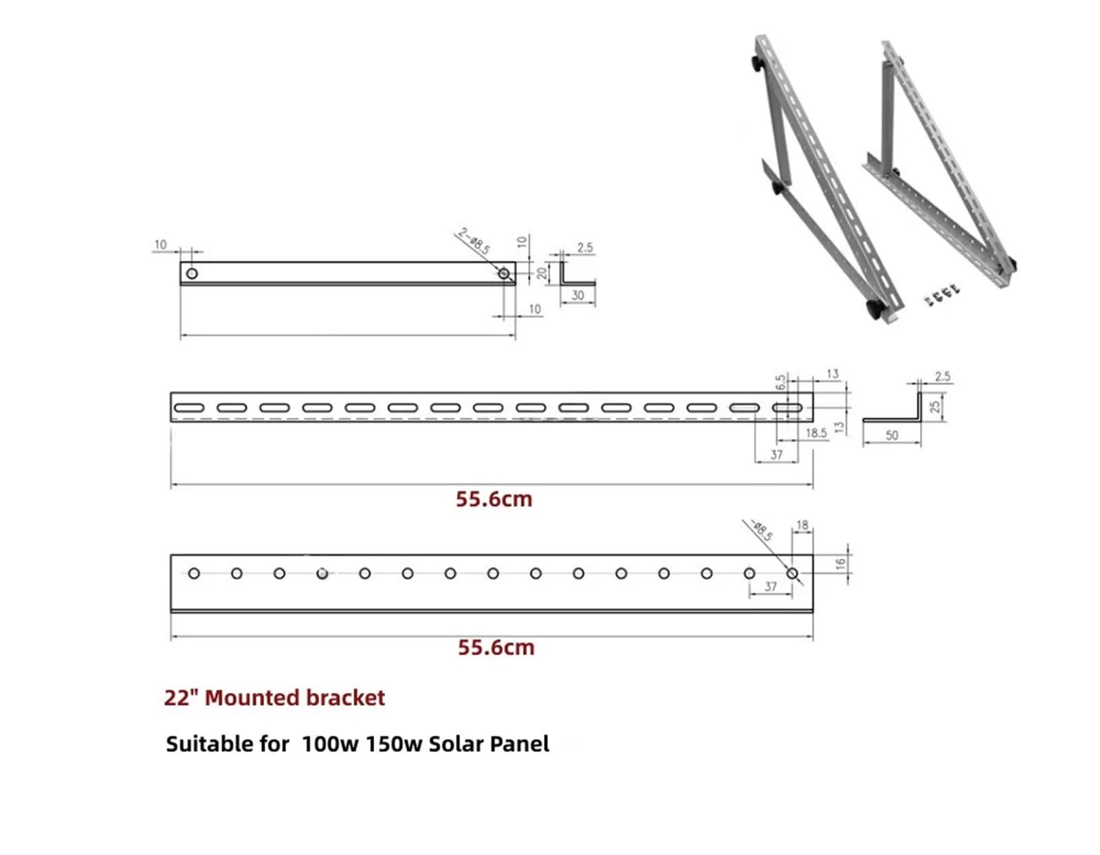Uchwyt do paneli słonecznych, Uchwyty do montażu paneli słonecznych z pochyleniem, 22 cale, trójkątne, aluminiowe, do dachów przyczep kempingowych o mocy 50–150 W
