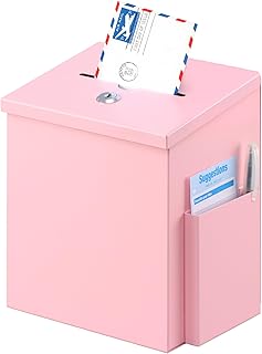 xydled Suggestion Box with Key Lock, Locking Metal Donation Ballot Drop, Comment Prayer Box with Slot for Office, Fundraising, Church, School, Home Use, Pink, 8.7 x 7.1 x 5.9 Inches