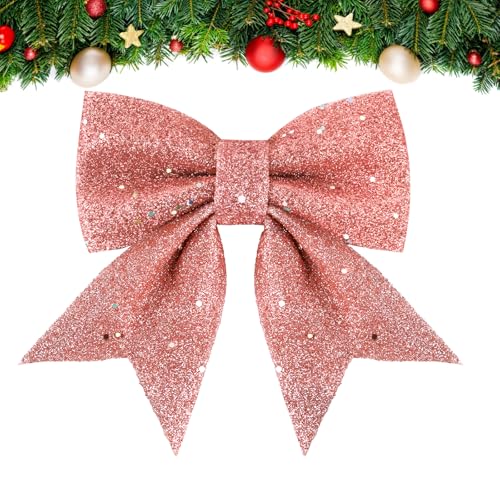 12PCS Noeuds de Ruban de Noël 12x15cm Grande Taille Arcs de Noël Ruban Nœuds Papillons Rose Or Pailleté Decoration de Noël pour Sapin de Noël Emballage Cadeau Guirlande Voiture Mariage