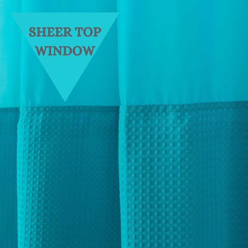 WPM No Hooks Required Shower Curtain with Snap-in Liner Waffle Weave Design, Hotel Grade Style Waterproof & Washable, Mesh top Window Easy Snaphook Bathroom Teal Curtains (54"x80" W/Liner, Teal)