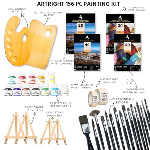 Image of ArtRight 156 Pcs Complete Art Set - Premium Artist Paint Brush Set, Watercolor & Mixed-Media Sheets, 25ml Color Set, Easels, Palettes & Masking Tapes - Ideal for Beginners, Students & Professionals