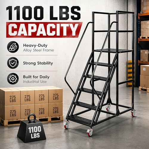 Image of 6 Step Rolling Ladder with Handrails, 1100 lbs Capacity Heavy Duty Mobile Warehouse Ladder with Wheels, Industrial Steel Non-Slip Rolling Stairs with Large Platform, for Garage Stockroom Library