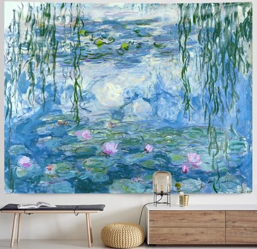 IcosaMro Lotus Tapestry Wall Hanging Monet Water Lilies Flowers Floral Wall Art with Hemmed Edges, Wall Blanket Home Decor for Bedroom College Dorm, Blue, 51x60 Inches