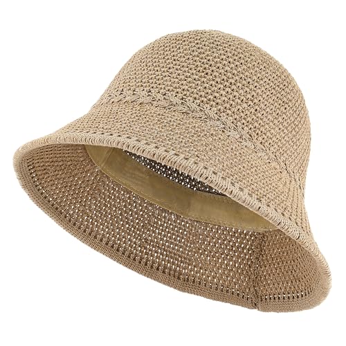 EINSKEY - EINSKEY Women's Crochet Bucket Hat, Faux Straw Weave Sun Hat Packable Mesh Woven Soft Lightweight Beach Hat for Summer Camel