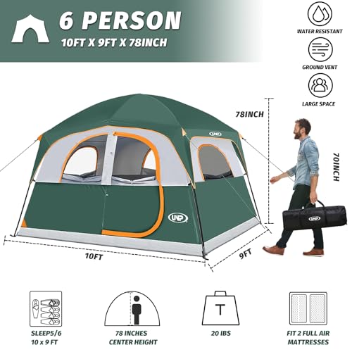 Image of UNP 6 Person Tents for Camping Waterproof Family Cabin Tent with Rainfly | Easy Setup Windproof Double Layer Camping Tent with 1 Mesh Door & 5 Large Mesh Windows 10'X9'X78in(H)