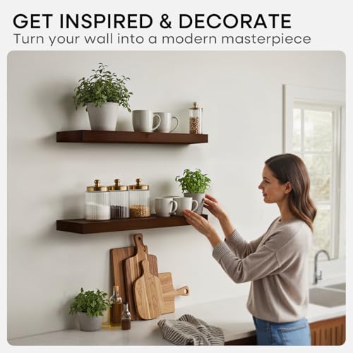 image for Homeforia Walnut 12 inch Floating Shelf, High End Solid Real Wood Smal