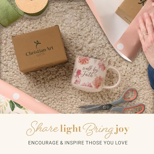 Image of Christian Art Gifts Inspirational Scripture Ceramic Coffee & Tea Mug for Women: Walk by Faith Encouraging Bible Verse, Shiny Foil Accents, Sturdy Handle, White & Pink Multicolor Floral, 14 oz.