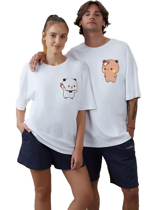 Cute Teddy Graphic Logo Print Couple Tshirt | Matching Couple Tshirts (Pack of 2)