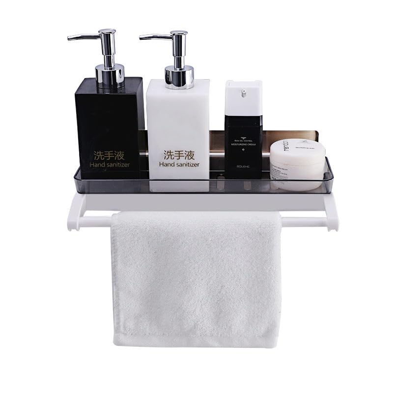 Image of Xmart India No Drilling Bathroom Storage Shelf with Towel Bar, Wall Mounted Storage Rack with Towel Holder, Self Adhesive Plastic Shelf for Shampoo, Soap, Cosmetics & Kitchen Use