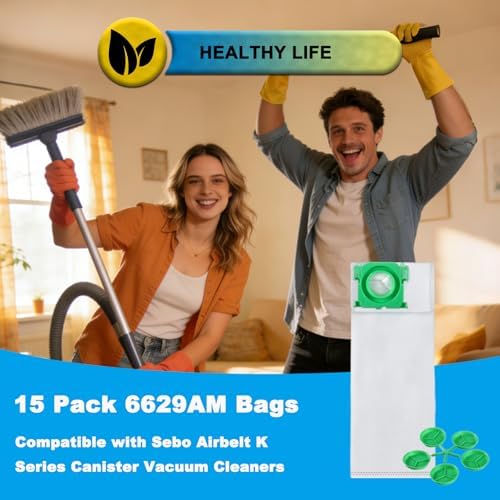 15 Pack 6629AM Vacuum Bags for Sebo Airbelt K Series Canister Vacuum Cleaners K1/K2/K3, HEPA Replacement Dust Bags