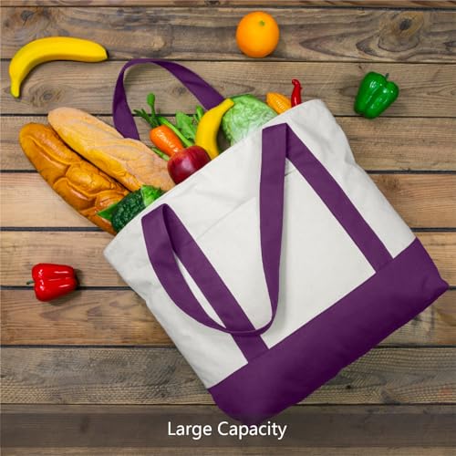 Image of TOPDesign 6-Pack Canvas Tote Bags with an External Pocket, Reusable Grocery Shopping Bags, Top Zipper Closure, Daily Essentials (Purple /Natural)