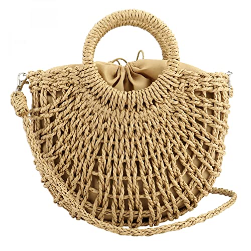 Straw Woven Top Handle Bag Summer Retro Rattan Straw Handbag Shoulder Bag Crossbody Bag with Removable Shoulder Strap (Khaki)