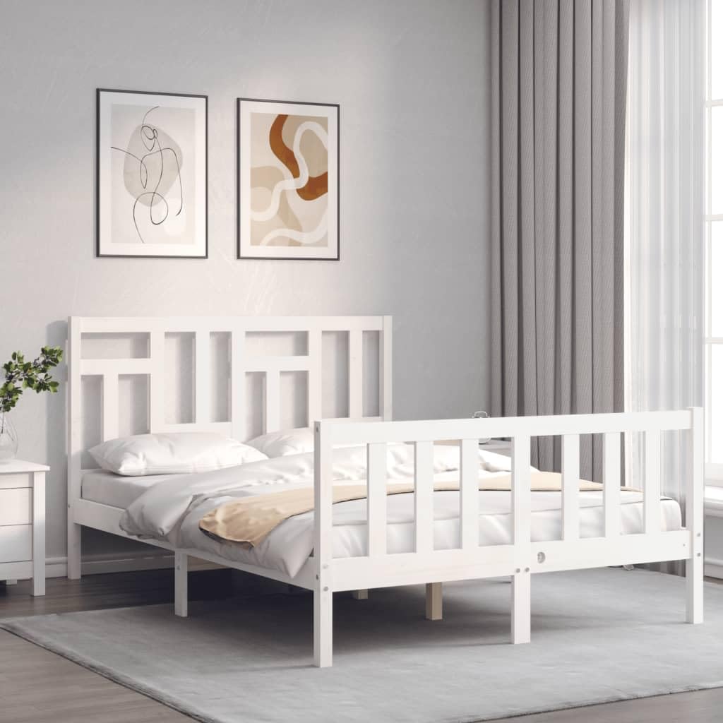 vidaXL Estructura de Cama con cabecero Madera Maciza Blanco 140x200 cm, Cama, Cama Doble, Estructura de Cama de Madera, Cama de Matrimonio