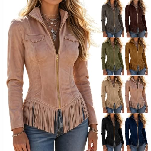 Vintage Faux Suede Jacket Women Slim Fit Zip Up Fringe Jackets with Pockets | Vintage,Lapel Collar,Country Concert Jacket with Pockets,Motorcycle Coats,Fall Winter Outerwear - image 1
