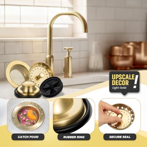 Image of 4 Pcs Light Gold Kitchen Sink Accessories Garbage Disposal Splash Guards 3.4'' Sink Drain Strainer and Stopper Stainless Steel Garbage Disposal Plug for Kitchen Drain Strainer
