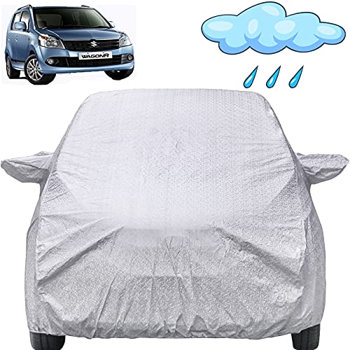 Image of Wagon r /Wagonr Waterproof Car Cover with Mirror Pockets, Shinning Silver Design, Non Woven Fabric,Triple Stitched, Compatible with Maruti Wagon r /Wagonr Car Cover (1999 to 2024), Car Accessories