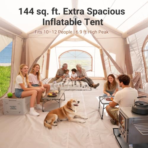 Image of Inflatable Tent, Easy Setup 4 /6 /8 /10 /12 Person Blow Up Tent with Hand Pump | Spacious 2-room glamping tent with quick inflatable setup and waterproof fabric for 4-season family camping adventures