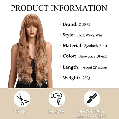 OUFEI Ombre Strawberry Blonde Wigs for Women Long Wavy Wig with Bangs Natural Synthetic Hair Heat Resistant Wigs for Daily Party Cosplay Wear - Image 2