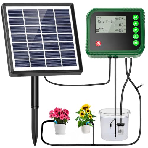 Lewisia Solar Automatic Drip Irrigation Kit with Timer and Water Sensor for 15 Potted Plants Self Watering System DIY Plant Waterer Auto-Irrigation Set for Garden Raised Beds Patio Greenhouse