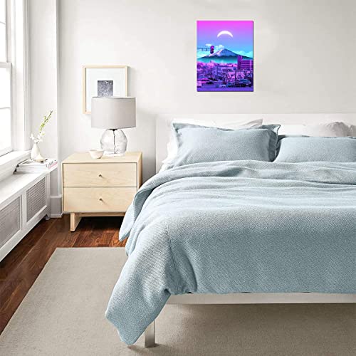 Taomi Mount Fuji Under The Moon Purple Japan Landscape Poster For Living Room Wall Art Frame Japanese Fantasy Artwork Office Home Bathroom Décoration Canvas Print Ready To Hang 12X14Inch #TOP1