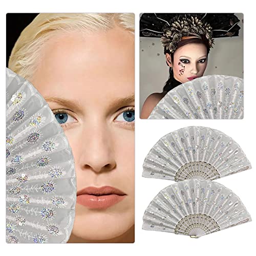 Qiangxingyai Pack Of 2 Peacock Pattern Sequin Fabric Hand Fans Black And White Lace Folding Fans Lace Hand Fans For Diy Parties Weddings Decoration #TOP4