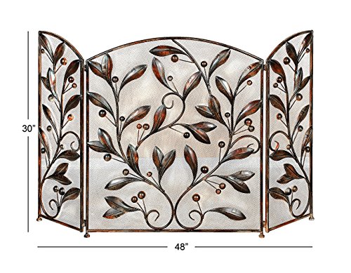 Deco 79 Metal Foldable Mesh Netting 3 Panel Fireplace Screen With Leaf And Vine Relief, 45" X 1" X 30", Brown #TOP6