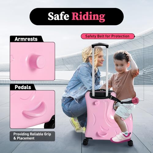 20" Kid's Ride-on Travel Suitcase, Rolling Luggage with Wheels Carry Trolley Password Lock Airplane Travel Essentials for Children's Day Gift,Festival Gift (Pink)4